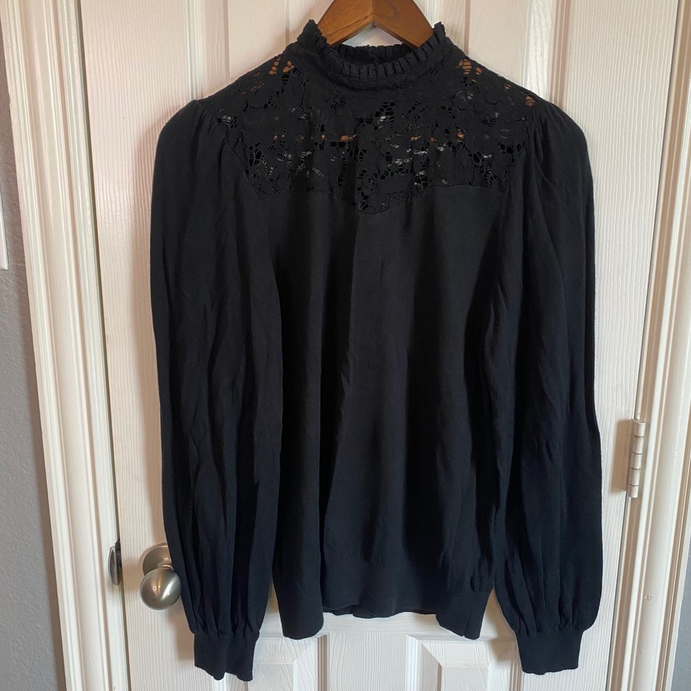 Lauren Ralph Lauren Black Lace Yoke Puff Sleeve Ruffle Mock Neck Top Large